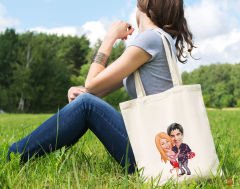 BK Gift Kişiye Özel Sevgililer Karikatürlü Kanvas Bez Çanta, Baskılı Omuz Çantası, Alışveriş Çantası, Plaj Çantası, Sevgiliye Hediye-33