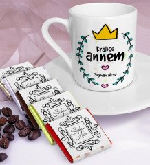 Kişiye Özel Kraliçe Annem Türk Kahvesi Fincanı ve Çikolata Seti