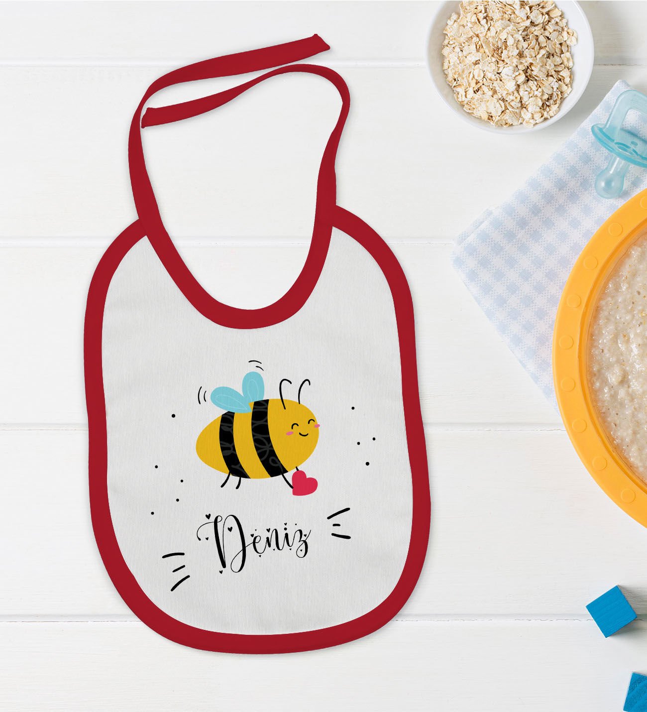 BK Kids Kişiye Özel İsimli Kırmızı Bebek Mama Önlüğü-32