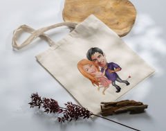 BK Gift Kişiye Özel Sevgililer Karikatürlü Kanvas Bez Çanta, Baskılı Omuz Çantası, Alışveriş Çantası, Plaj Çantası, Sevgiliye Hediye-34