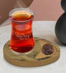 Kişiye Özel Mermer Tasarımlı Doğal Ahşap Tabaklı Heybeli Çay Bardağı Sunum Seti Model 15