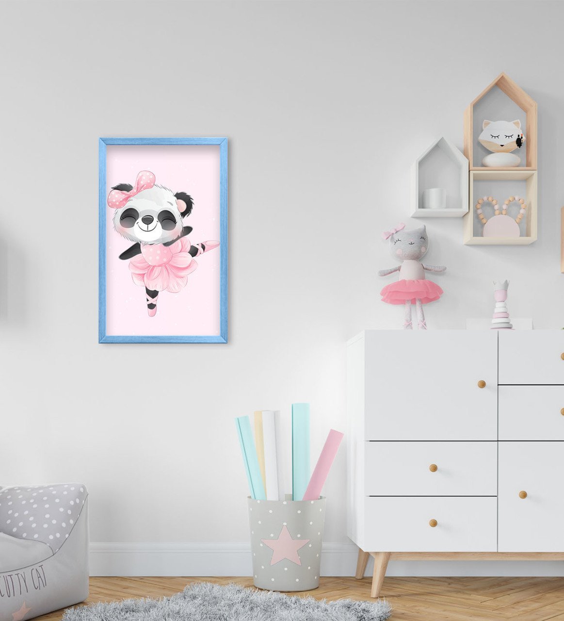 BK Home Sevimli Panda Tasarımlı Dekoratif Mavi Ahşap Çerçeveli Çocuk Odası Tablo-1