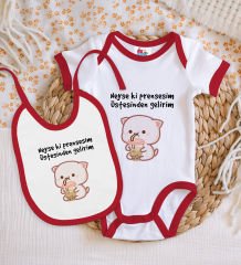 BK Kids Prensesim Üstesinden Gelirim Tasarımlı Kırmızı Bebek Body Zıbın ve Mama Önlüğü Hediye Seti-1