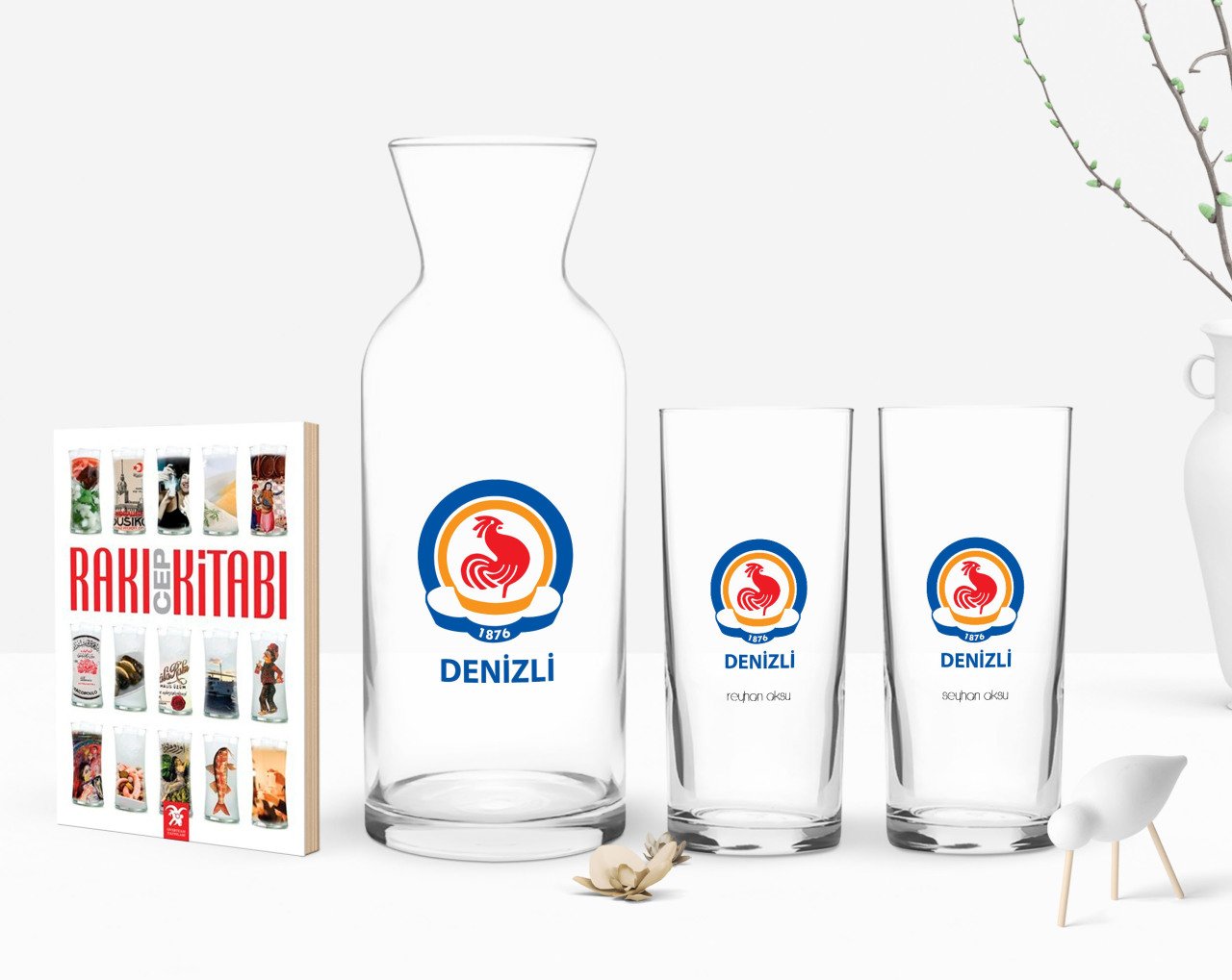 Kişiye Özel Renkli Baskılı Denizli Tasarımlı Turistik İkili Rakı Bardağı Karaf ve Cep Kitabı Hediye Seti-1