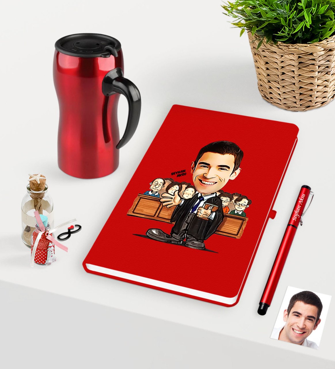 Kişiye Özel Bay Avukat Karikatürlü Kırmızı Defter Kalem ve Termos Mug Seti  - 2