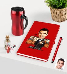 Kişiye Özel Bay Avukat Karikatürlü Kırmızı Defter Kalem ve Termos Mug Seti  - 2