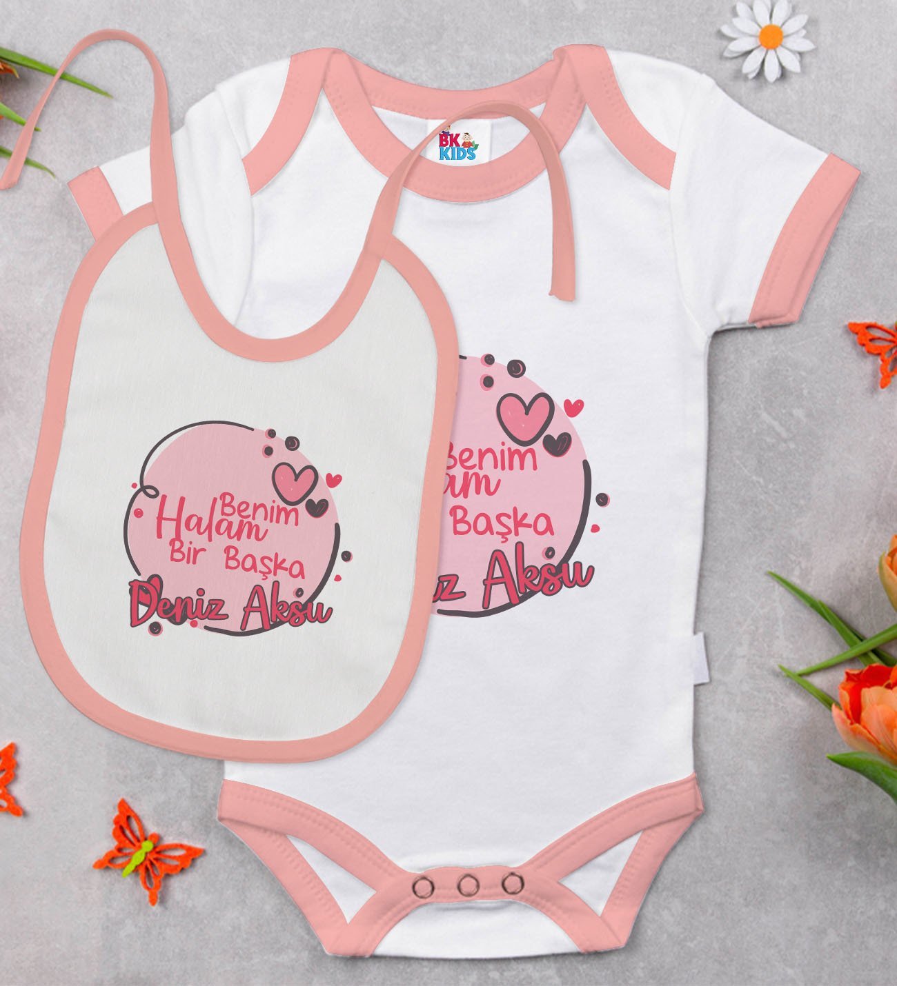 BK Kids Kişiye Özel Halam Bir Başka Tasarımlı Pembe Bebek Body Zıbın ve Mama Önlüğü Hediye Seti