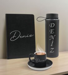 BK Gift Kişiye  Özel İsimli Siyah Defter, Cam Matara ve Türk Kahvesi Fincanı Hediye Seti-1, Arkadaşa Hediye, Sevgiliye Hediye, Yeni İş Hediyesi