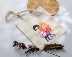 BK Gift Kişiye Özel Sevgililer Karikatürlü Kanvas Bez Çanta, Baskılı Omuz Çantası, Alışveriş Çantası, Plaj Çantası, Sevgiliye Hediye-36