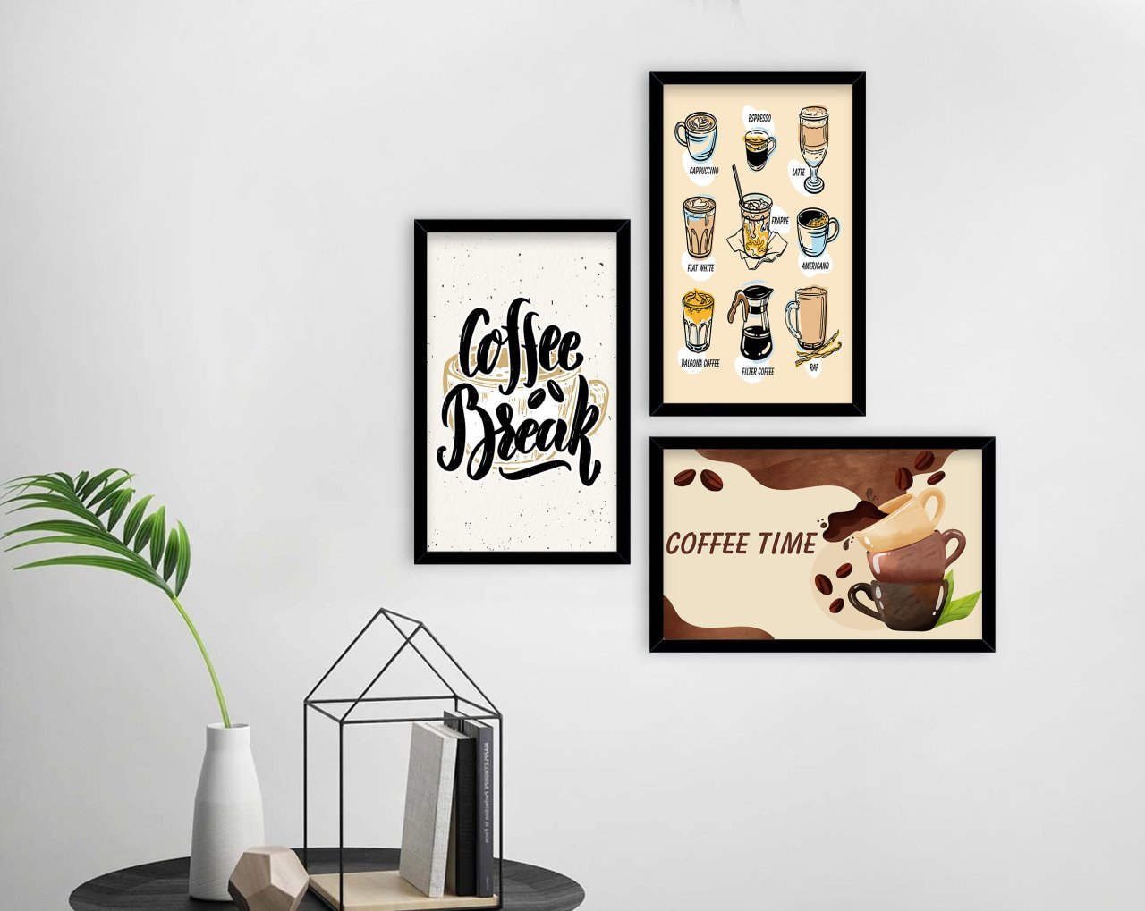 BK Home Coffee Tasarımlı Dekoratif 3’lü Ahşap Siyah Çerçeveli Tablo-14