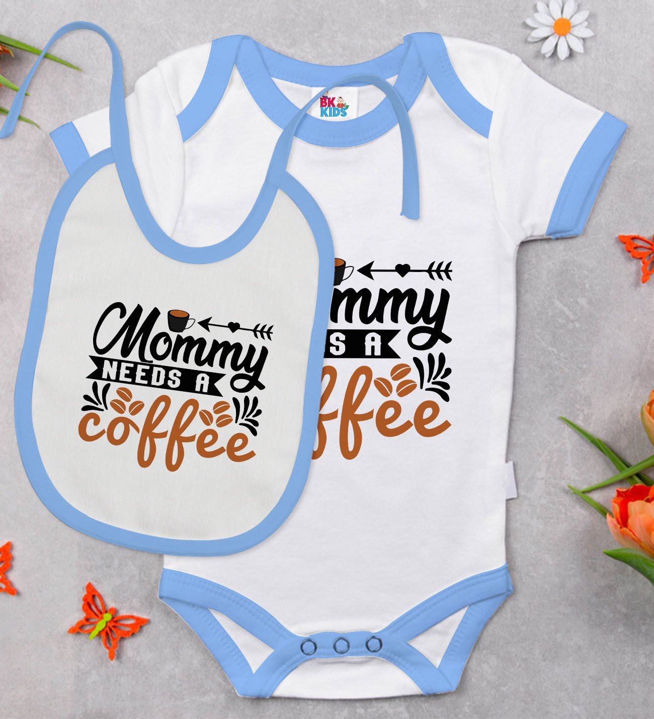 BK Kids Mommy Needs A Coffee Tasarımlı Mavi Bebek Body Zıbın ve Mama Önlüğü Hediye Seti-1