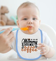 BK Kids Mommy Needs A Coffee Tasarımlı Mavi Bebek Body Zıbın ve Mama Önlüğü Hediye Seti-1
