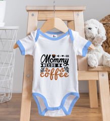 BK Kids Mommy Needs A Coffee Tasarımlı Mavi Bebek Body Zıbın ve Mama Önlüğü Hediye Seti-1