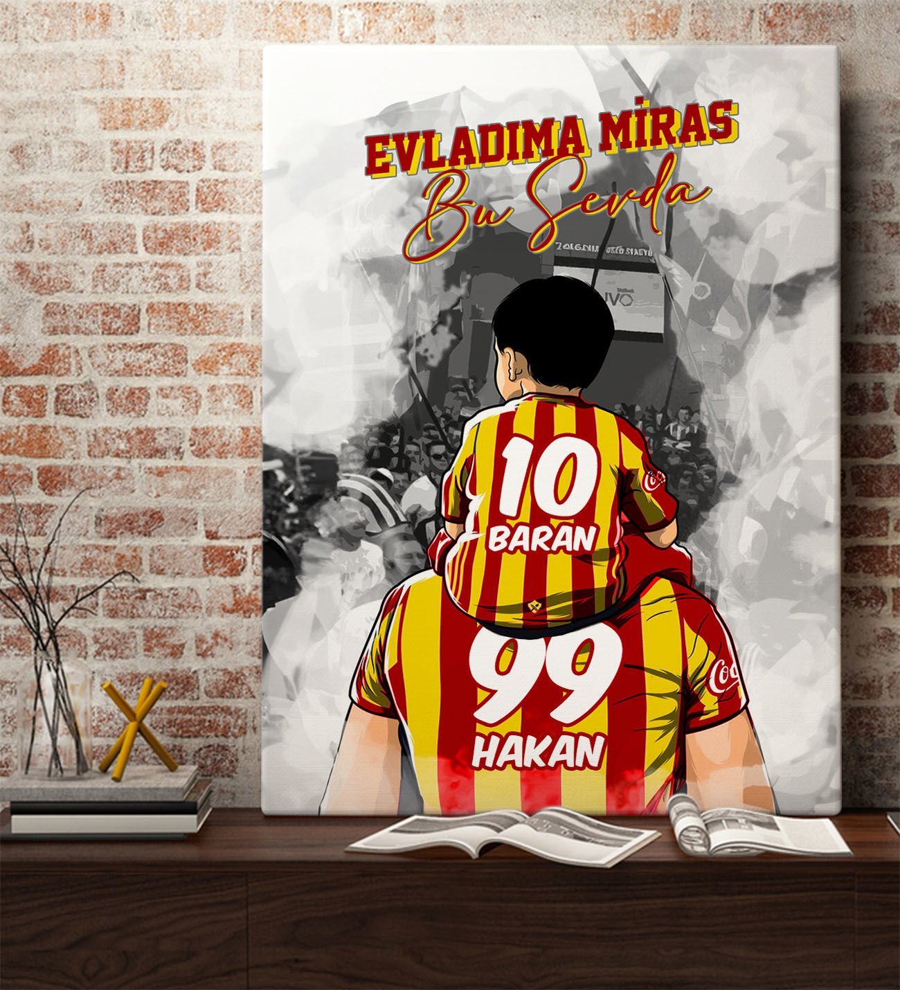 BK Gift Kişiye Özel İsimli Baba-Oğul Sarı Kırmızı Evladıma Miras Bu Sevda Kanvas Tablo-1 70x100CM, Ev Hediyesi, Doğum Günü Hediyesi, Taraftar Hediyesi