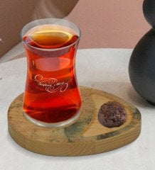 Kişiye Özel Mermer Tasarımlı Doğal Ahşap Tabaklı Heybeli Çay Bardağı Sunum Seti Model 18