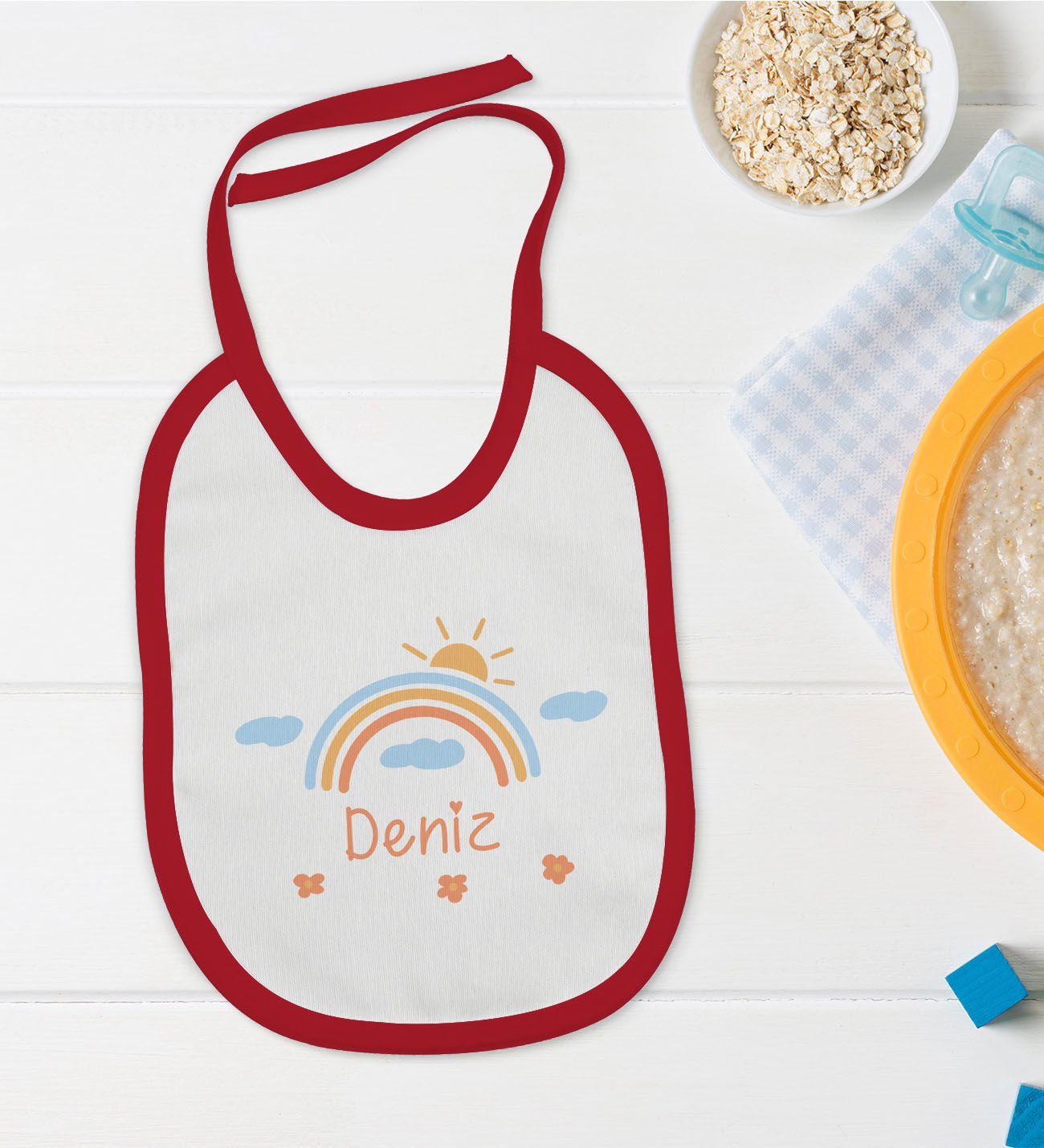 BK Kids Kişiye Özel İsimli Kırmızı Bebek Mama Önlüğü-36
