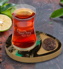 Kişiye Özel Mermer Tasarımlı Doğal Ahşap Tabaklı Heybeli Çay Bardağı Sunum Seti Model 19