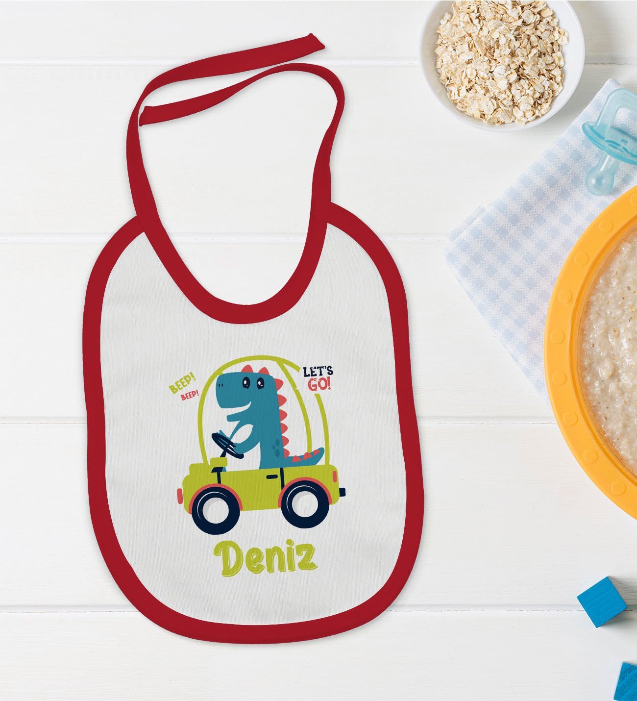 BK Kids Kişiye Özel İsimli Kırmızı Bebek Mama Önlüğü-37