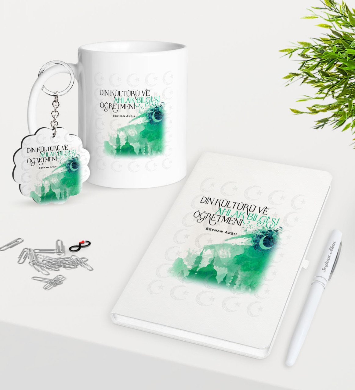 Kişiye Özel Din Kültürü Ve Ahlak Bilgisi Öğretmeni Kupa Anahtarlık Beyaz Defter Kalem Hediye Seti-4