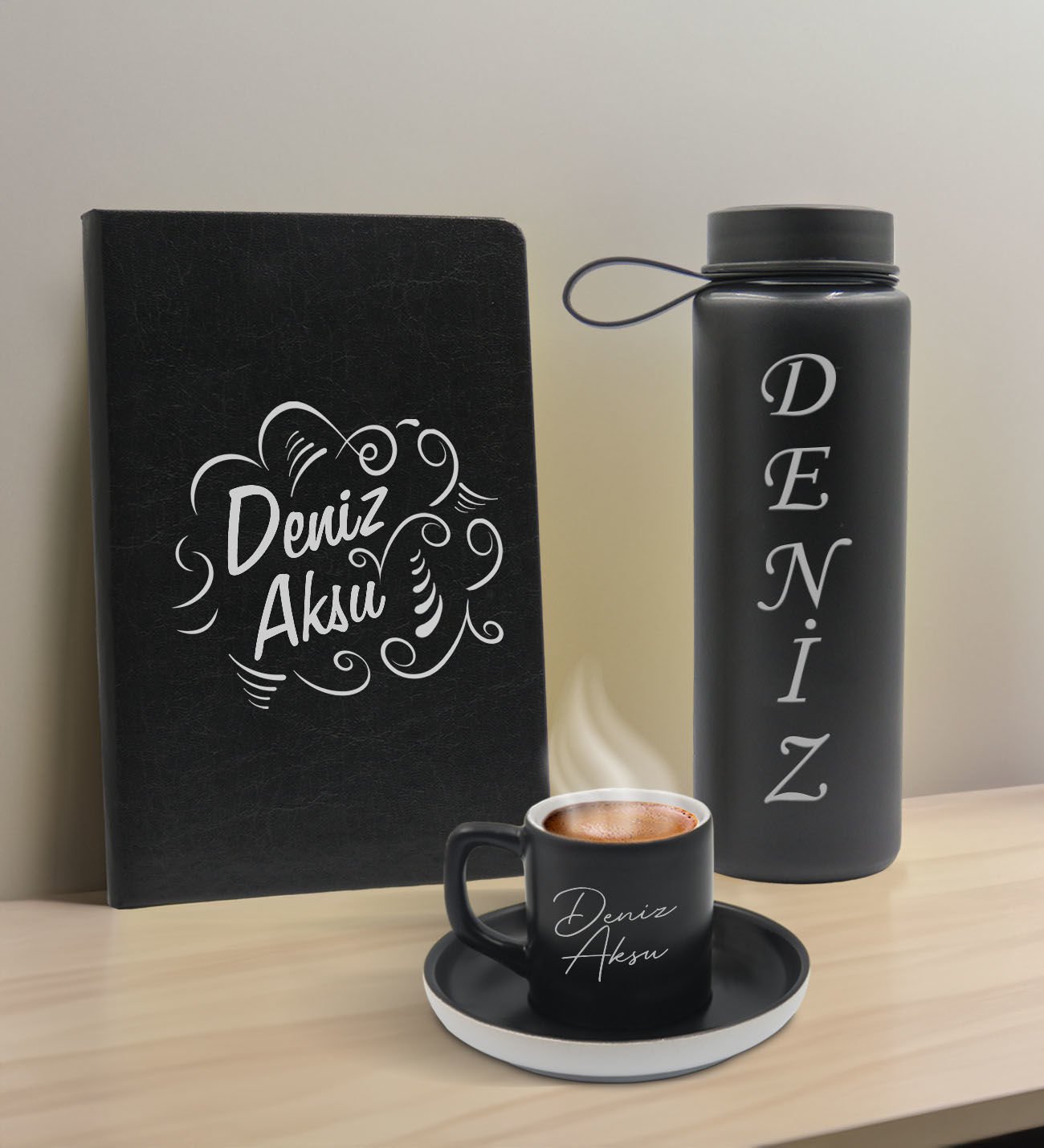 BK Gift Kişiye  Özel İsimli Siyah Defter, Cam Matara ve Türk Kahvesi Fincanı Hediye Seti-4, Arkadaşa Hediye, Sevgiliye Hediye, Yeni İş Hediyesi