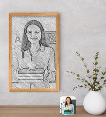Kişiye Özel Kadın Öğretmen Karakalem Tasarımlı Dekoratif Retro Ahşap Çerçeveli Tablo-1