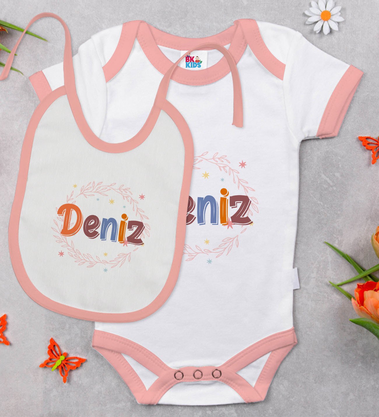 BK Kids Kişiye Özel İsimli Pembe Bebek Body Zıbın ve Mama Önlüğü Hediye Seti-27