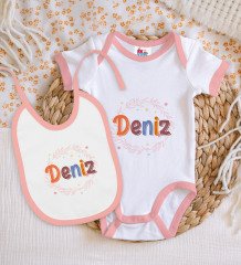 BK Kids Kişiye Özel İsimli Pembe Bebek Body Zıbın ve Mama Önlüğü Hediye Seti-27