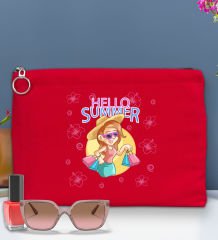 BK Gİft Yaz Temalı-2 Astarlı Kırmızı Portföy Çanta 30x21cm, Baskılı El Çantası, Organizer Çanta