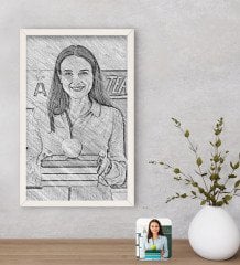 Kişiye Özel Kadın Öğretmen Karakalem Tasarımlı Dekoratif Ahşap Beyaz Çerçeveli Tablo-1