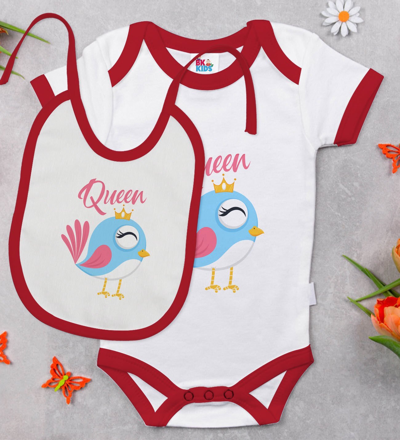 BK Kids Queen Tasarımlı Kırmızı Bebek Body Zıbın ve Mama Önlüğü Hediye Seti-1