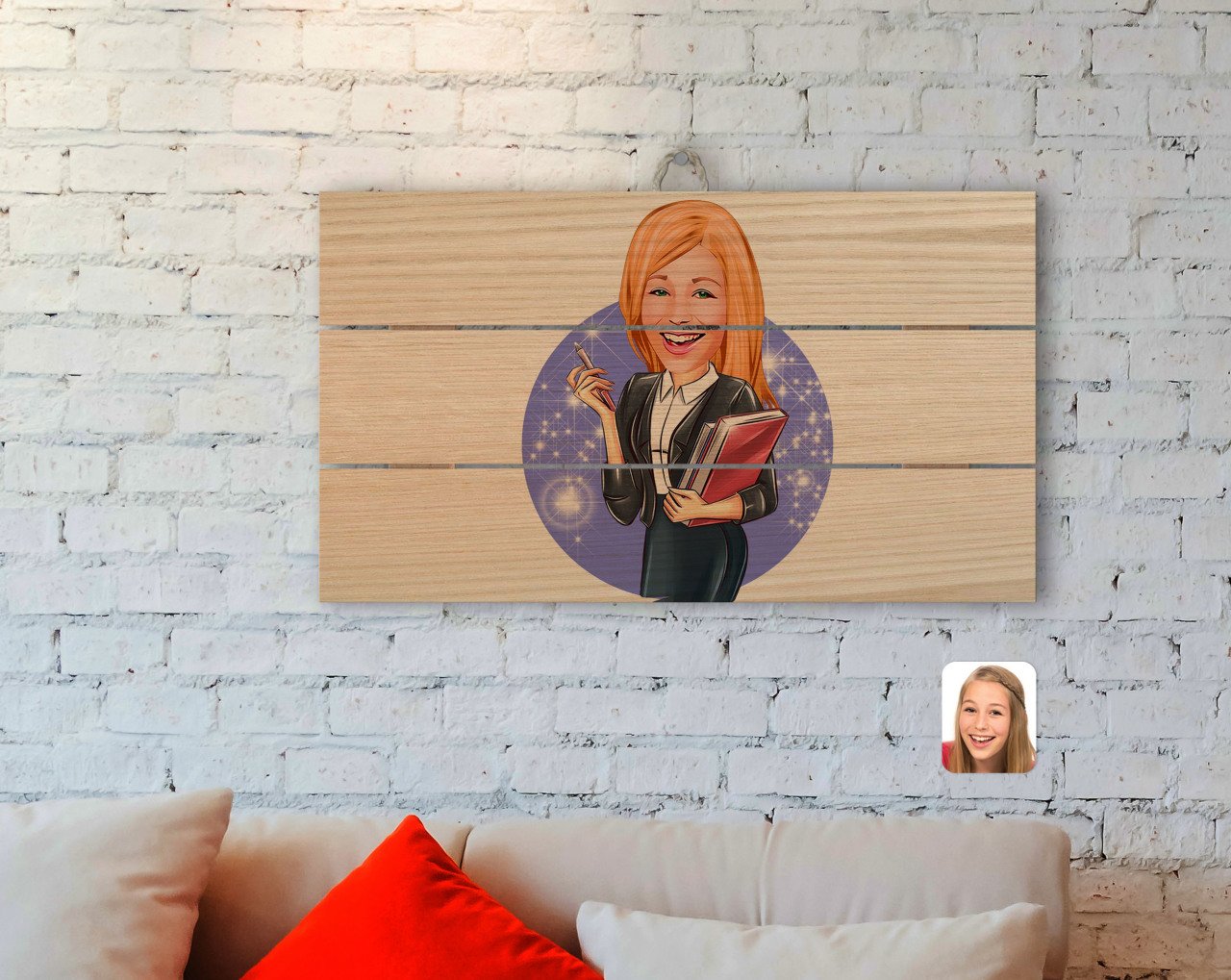 Kişiye Özel Kadın Yönetici Karikatürlü Otantik Ahşap Palet Tablo-1