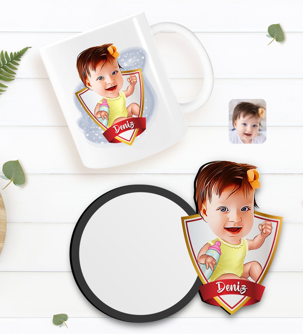 Kişiye Özel Bebek Karikatürlü Beyaz Kupa ve Ahşap Bardak Altlığı Hediye Seti-1