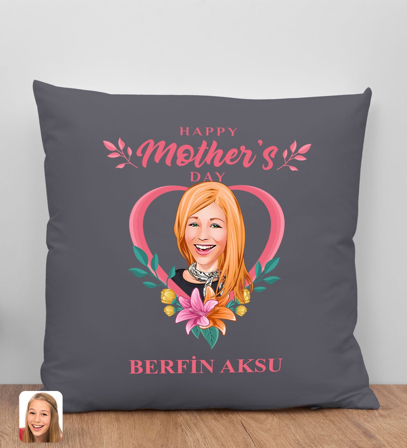 BK Gift Kişiye Özel Karikatürlü Anneler Günü Tasarımlı Antrasit Kırlent Yastık, Anneye Hediye, Ev Dekorasyonu, Anneler Günü Hediyesi-5