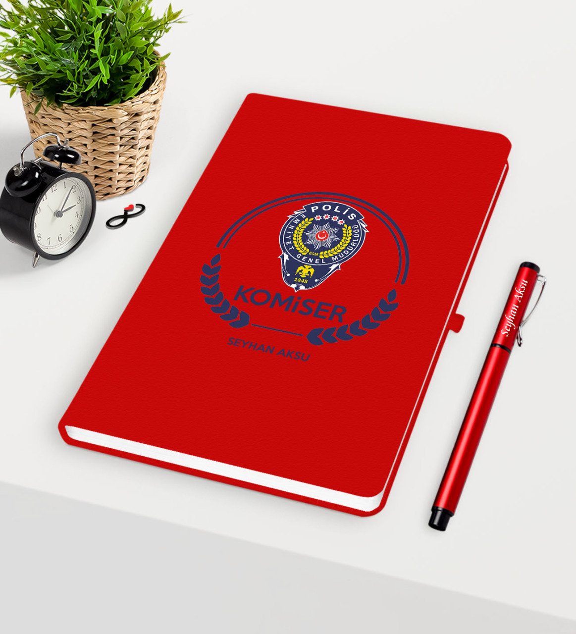 Kişiye Özel Komiser Temalı Kırmızı Defter Kalem Seti - 2