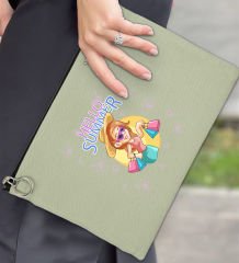 BK Gİft Yaz Temalı-2 Astarlı Mint Yeşili Portföy Çanta 30x21cm, Baskılı El Çantası, Organizer Çanta