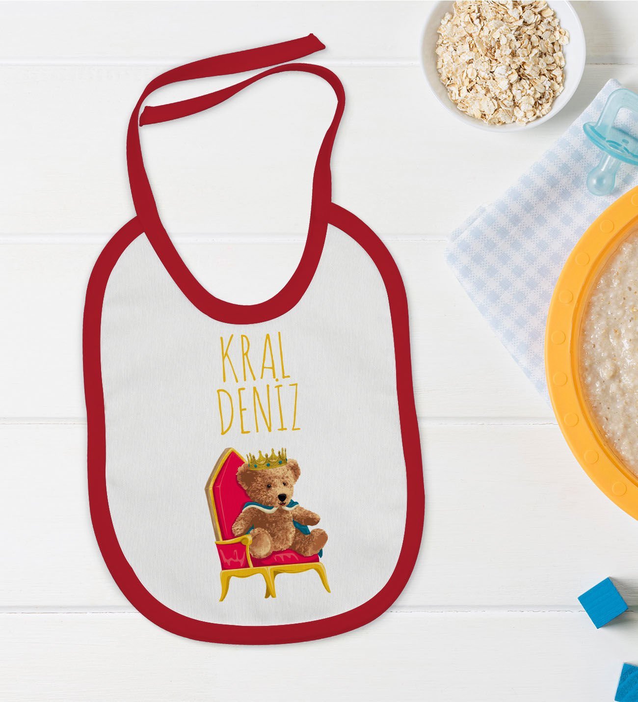 BK Kids Kişiye Özel Kral Tasarımlı Kırmızı Bebek Mama Önlüğü-1