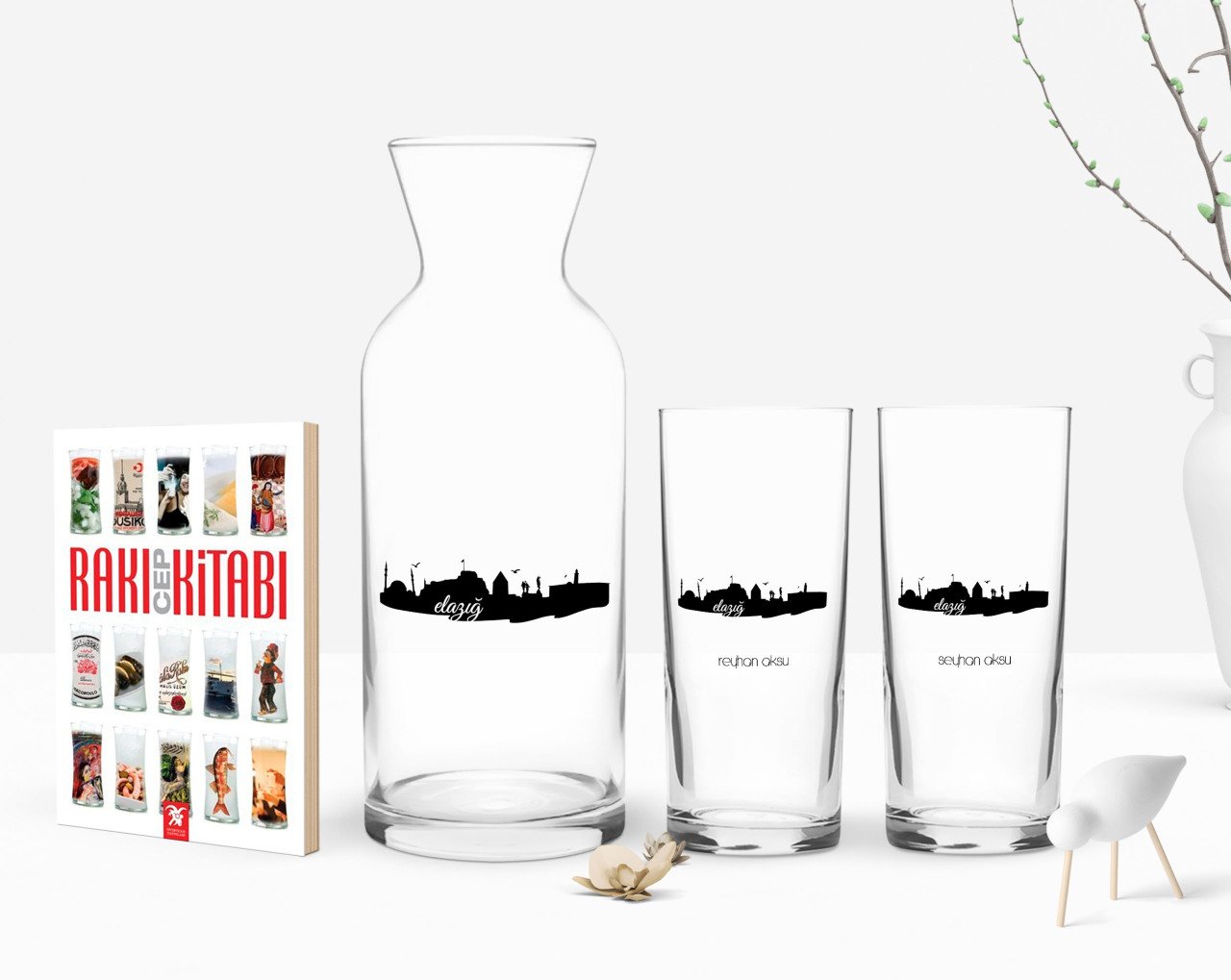 Kişiye Özel Renkli Baskılı Elazığ Tasarımlı Turistik İkili Rakı Bardağı Karaf ve Cep Kitabı Hediye Seti-2