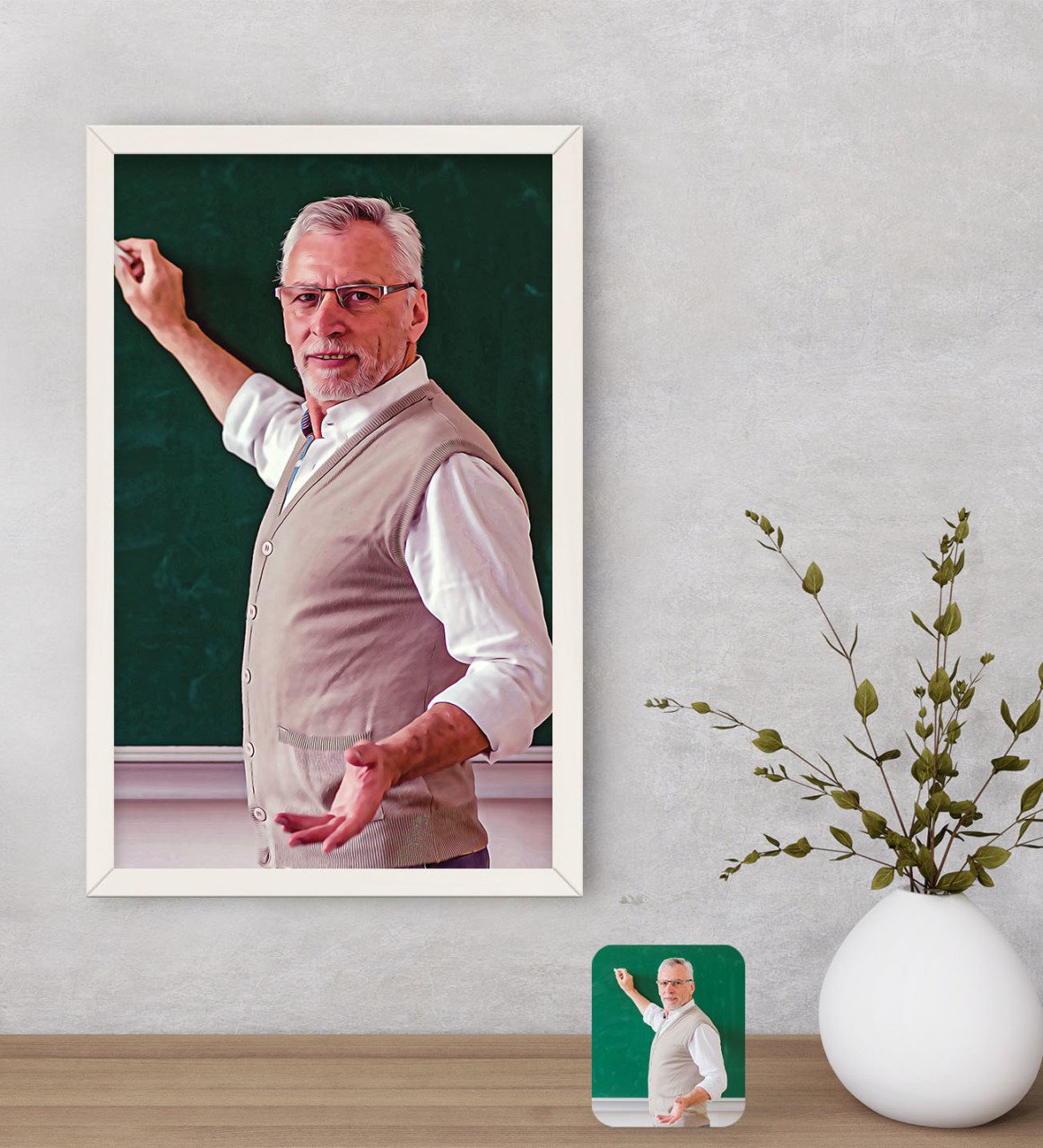 Kişiye Özel Erkek Öğretmen Yağlıboya Tasarımlı Dekoratif Ahşap Beyaz Çerçeveli Tablo-1