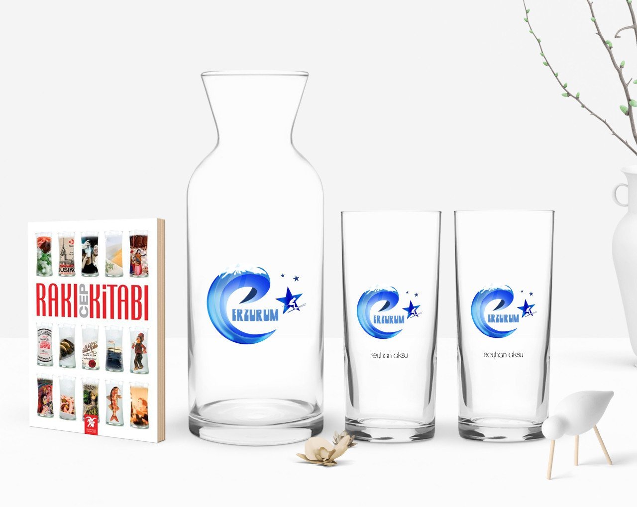 Kişiye Özel Renkli Baskılı Erzurum Tasarımlı Turistik İkili Rakı Bardağı Karaf ve Cep Kitabı Hediye Seti-1