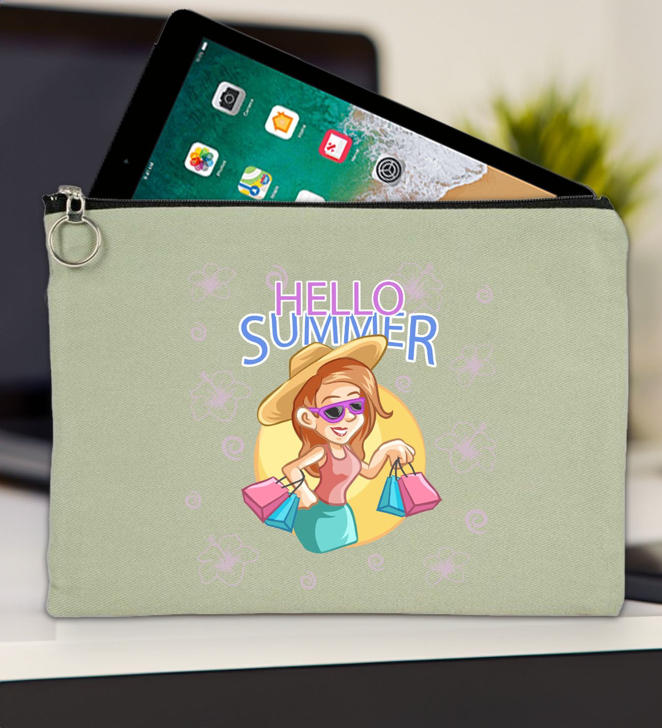 BK Gİft Yaz Temalı-2 Mint Yeşili Tablet Çantası 30x21cm, Ipad Çantası, Baskılı Tablet Kılıfı