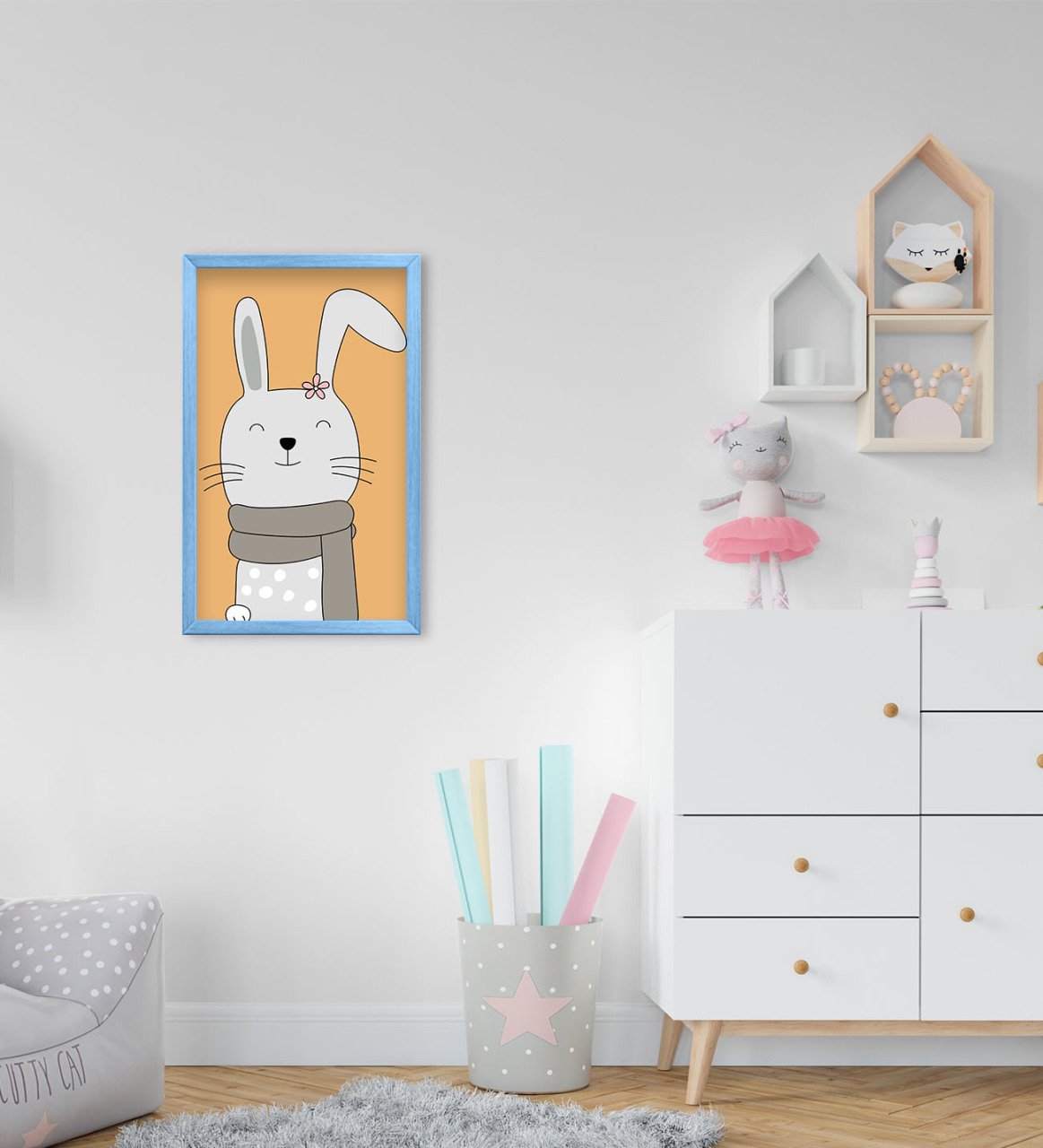 BK Home Sevimli Tavşan Tasarımlı Dekoratif Mavi Ahşap Çerçeveli Çocuk Odası Tablo-2