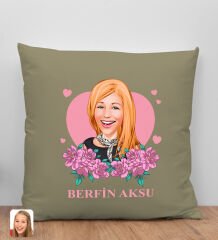 BK Gift Kişiye Özel Karikatürlü Anneler Günü Tasarımlı Haki Kırlent Yastık, Anneye Hediye, Ev Dekorasyonu, Anneler Günü Hediyesi-2