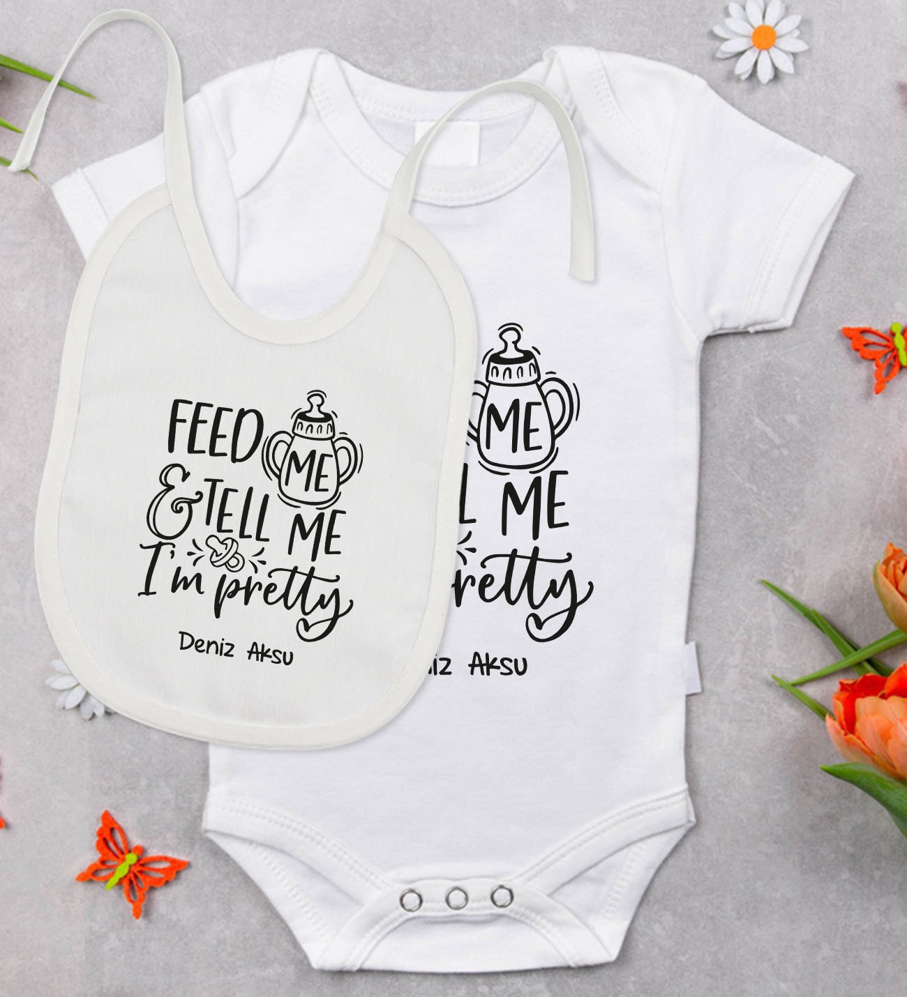 BK Kids Kişiye Özel Im Pretty Tasarımlı Bebek Body Zıbın ve Mama Önlüğü Hediye Seti - Model 1