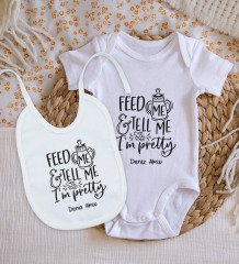 BK Kids Kişiye Özel Im Pretty Tasarımlı Bebek Body Zıbın ve Mama Önlüğü Hediye Seti - Model 1