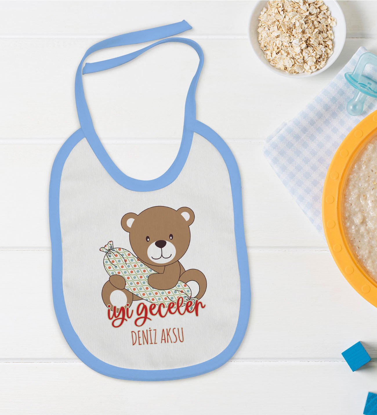 BK Kids Kişiye Özel Mavi Bebek Mama Önlüğü - Model 136