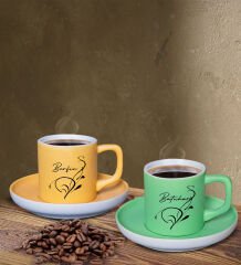 BK Gift Kişiye Özel İsimli Sarı ve Yeşil Renk İkili Türk Kahvesi Fincan Seti-122, Ev Hediyesi, Arkadaşa Hediye, Doğum Günü Hediyesi