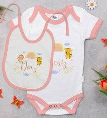 BK Kids Kişiye Özel İsimli Pembe Bebek Body Zıbın ve Mama Önlüğü Hediye Seti-28