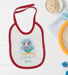 BK Kids Kişiye Özel Küçük Deniz Kızı Tasarımlı Kırmızı Bebek Mama Önlüğü-1