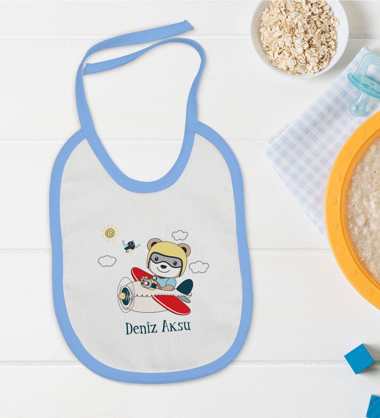 BK Kids Kişiye Özel Mavi Bebek Mama Önlüğü - Model 138