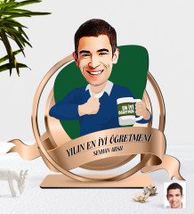 Kişiye Özel Yılın En İyi Erkek Öğretmeni Karikatürlü 3D Ahşap Biblo Plaket-1